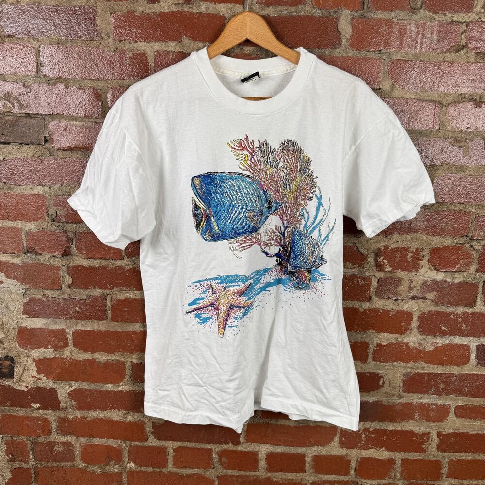Vintage Diamond Dust Shirt Mens Large Glitter Fish Coral Graphic Made USA 90s